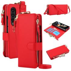 Capa carteira para Samsung Galaxy Z Fold 4 [bloqueio RFID] [bolso com zíper] [porta-cartão] capa protetora flip de couro PU com corda transversal/pulso/anel capa de telefone masculina e feminina