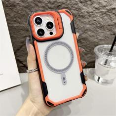 Suporte de câmera capa transparente acrílica magnética para iPhone 15 13 Pro Max 14 Plus capa de telefone transparente em cor contrastante, laranja, para iPhone 13 ProMax