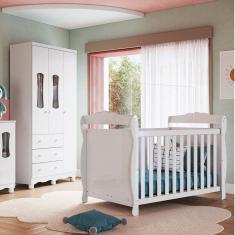 Quarto de Bebê Guarda Roupas 3 Portas com Janelas e Berço Mini Cama 100% Mdf Aurora Espresso Móveis Branco Brilho