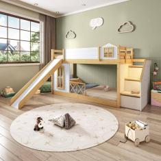 Beliche Infantil Montessoriana com Escada,janela,grade Proteção,escorregador, Grade X Garden Casatem Branco/Natural