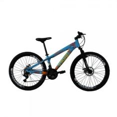 Bicicleta Viking X TUFF 30 Freeride Aro 26 Freio a Disco 21 Velocidades Cambios Shimano Azul Laranja
