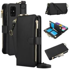 Capa carteira para Samsung Galaxy A71 4G, [bloqueio RFID] [bolso com zíper] [porta-cartão] capa protetora flip de couro PU com corda transversal/pulso/anel capa de telefone masculina e feminina