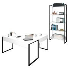 Mesa em L e Estante para Escritório Studio Industrial Branco  Mpozenat