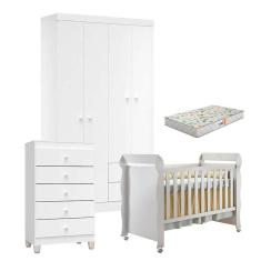 Quarto de Bebê 3 Portas com Gaveteiro Ternura Baby e Berço Mirelle Branco Brilho com Colchão Gazin - Incorplac