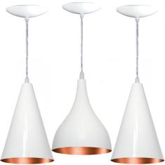 Kit Pendentes 2 Cones E 1 Gota Cor Branca E Cobre
