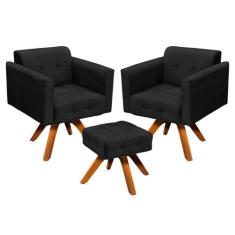 Kit 02 Poltronas Giratória Elisa e 01 Puff Suede Base Madeira MM30 D'R