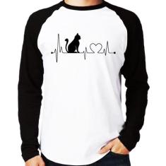 Camiseta Raglan Gato Batimentos Cardíacos Manga Longa - Foca na Moda, 