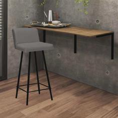 Kit Mesa Suspensa de Parede Fixa mdf Rústico + 1 Banqueta Lexi Ferro Preto Sintético Cinza - Ahazzo Móveis