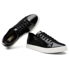 Tênis Casual Feminino Couro Verniz Cadarço Conforto Macio-Feminino