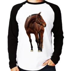 Camiseta Raglan Cavalo Andaluz Manga Longa - Foca na Moda, Branco, Pre