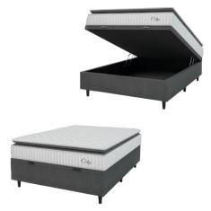 Cama Box Baú Colchão Casal Molas Ensacadas City Pillow Top 138x188x64cm Branco/Cinza Hellen - Suporta até 110kg por Pessoa