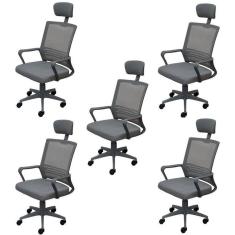 Kit 5 Cadeiras para Escritório Presidente Lyon Alta em Tela Mesh Cinza