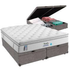 Cama Box Baú Cinza e Colchão Confort Gel Molas Ensacadas com Pillow Top Queen Sealy