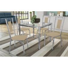 Sala De Jantar Completa Reno C/ Tampo Vidro 90cm + 4 Cadeiras Florença Cromado/courano Nude