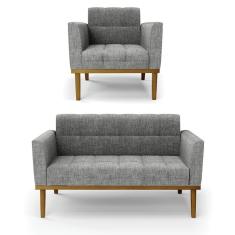 Sofá Namoradeira E Poltrona Base De Madeira Castanho Elisa Linho Grafite A26 D03 - D'rossi