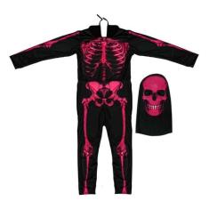 Fantasia Caveira Infantil Com Gorro Esqueleto Com Ossos Rosa Neon - Fa