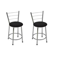 Kit 2 Banquetas Baixas Cromada com Encosto Assento Preto - Fortmix
