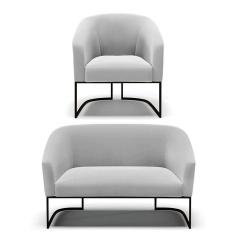 Sofá Namoradeira E 2 Poltronas Base Industrial Preto Stella Suede Cinza D03 - D`rossi