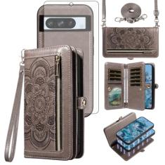 Asuwish Capa de celular para Google Pixel 8 Pro 5G com zíper carteira destacável com protetor de tela de vidro temperado alça transversal porta-cartões de flores Pixel8Pro Pixel8 XL Oito 8Pro Mulheres