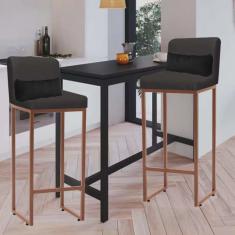 Kit 02 Banqueta Alta com Encosto Lucca Industrial Cozinha Balcão Ferro Bronze Sintético Cinza e Almofada Preto - Ahazzo Móveis