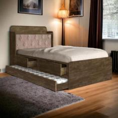 Cama Tamires Baú Castanho com Auxiliar e Capitonê Bege - VJ Móveis
