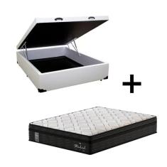 Cama Box Baú Casal Sintético Branco com Colchão de Molas Ensacadas - Madrid - Probel - Preto