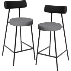 Kit 02 Banquetas Baixa Cozinha Jantar Milão L02 Couríssimo Preto Linho Cinza Escuro - Lyam Decor