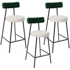 Kit 03 Banquetas Baixa Bar Cozinha E Sala Jantar Milão L02 Facto Verde Linho Champagne - Lyam Decor