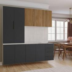 Cozinha Modulada 4 Peças sem Tampo sem Rodapé 2 Aéreos e 2 Balcões Ipanema Cabecasa Madeiramadeira Grafite Trama/ Acácia