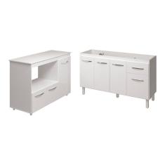 Balcão Armário Camila Cozinha Gabinete De Pia 140 Cm E Balcão Para Forno Elétrico E Microondas Lilian Branco