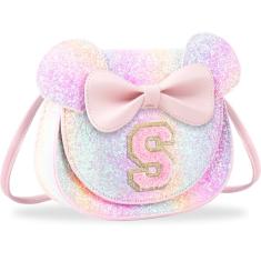 Bolsa infantil para presente de aniversário, linda bolsa de ombro tiracolo com inicial de rato pequeno e personalizável, Grande-glitter-pinkletter, Small, P