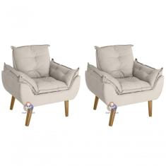 Kit 02 Poltrona/cadeira Decorativa Glamour Com Pés Quadrado Bege