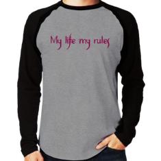 Camiseta Raglan My Life My Rules Manga Longa - Foca na Moda, Cinza, Pr