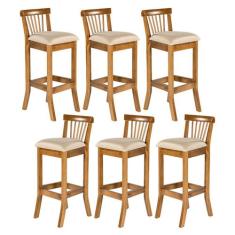 Kit 6 Banquetas Alta em Madeira Valência Estofada Linho Bege M58 RMI -