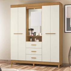 Guarda Roupa de Casal com Espelho 4 Portas e 3 Gavetas Ágata Albatroz Móveis Carvalho Grife/Off White