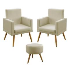 Kit 2 Poltronas Com Puff Nina Solar Sued Bege Aradecor