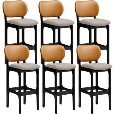 Kit 6 Banquetas Alta Betta Preto Whisky Linho Bege