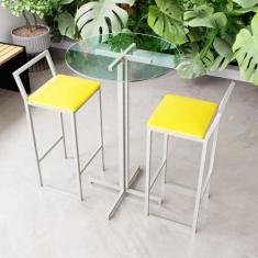 Conjunto Mesa Alta Bar Bistrô Redonda Vidro 2 Banquetas Confort Estofa