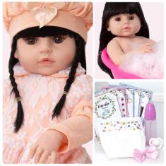 Boneca Reborn Morena Olhos Castanhos Fofa + Enxoval 13 Itens - Cegonha