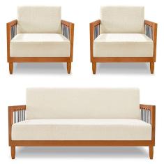 Kit 2 Poltronas E Sofá Living 2 Lugares Marilia 1,60m Linho Bege Base Em Madeira Castanho - Pallazio