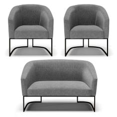 Sofá Namoradeira e 2 Poltronas Base Industrial Preto Stella Linho Grafite A26 D03 - D`Rossi