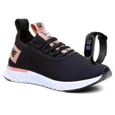 Tênis Polo Ultrabone Feminino Caminhada Academia+Relógio, Preto, Rose,