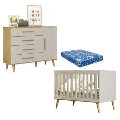 Berço Americano E Cômoda Infantil Ludmila Off White Bétula Com Colchão Ortobom - Carolina Baby