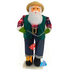Boneco Natalino Papai Noel Pescador Pesca Peixe Rede De 83cm