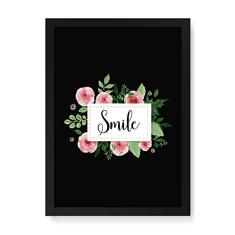 Arte Maníacos Quadro Decorativo Smile Flores - 23x16,25cm (Moldura caixa em laca preta)