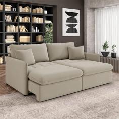 Sofá Reclinável E Retrátil Gandalf Bipartido 214cm Caixa Zero Com Almofadas Veludo Bege G33 - Gran