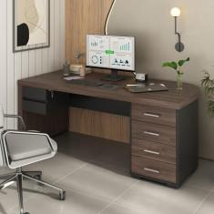 Mesa para Escritório Diretor em Tamburato com 6 Gavetas Charuto/Preto