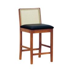 Banqueta Média Pérola Com 62cm Altura Madeira Maciça Encosto Telinha Assento Estofado Corano Amêndoa-preto