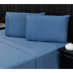 Jogo de Cama King Percal 400 Fios Ponto Palito 04 Peças com Lençol de Cima, Antiácaro, Anti-pilling com Toque Macio - Linho Azul