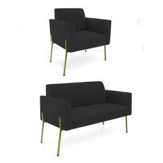 Sofá Namoradeira E Poltrona Pé De Ferro Dourado Salão Marisa Veludo Preto D03